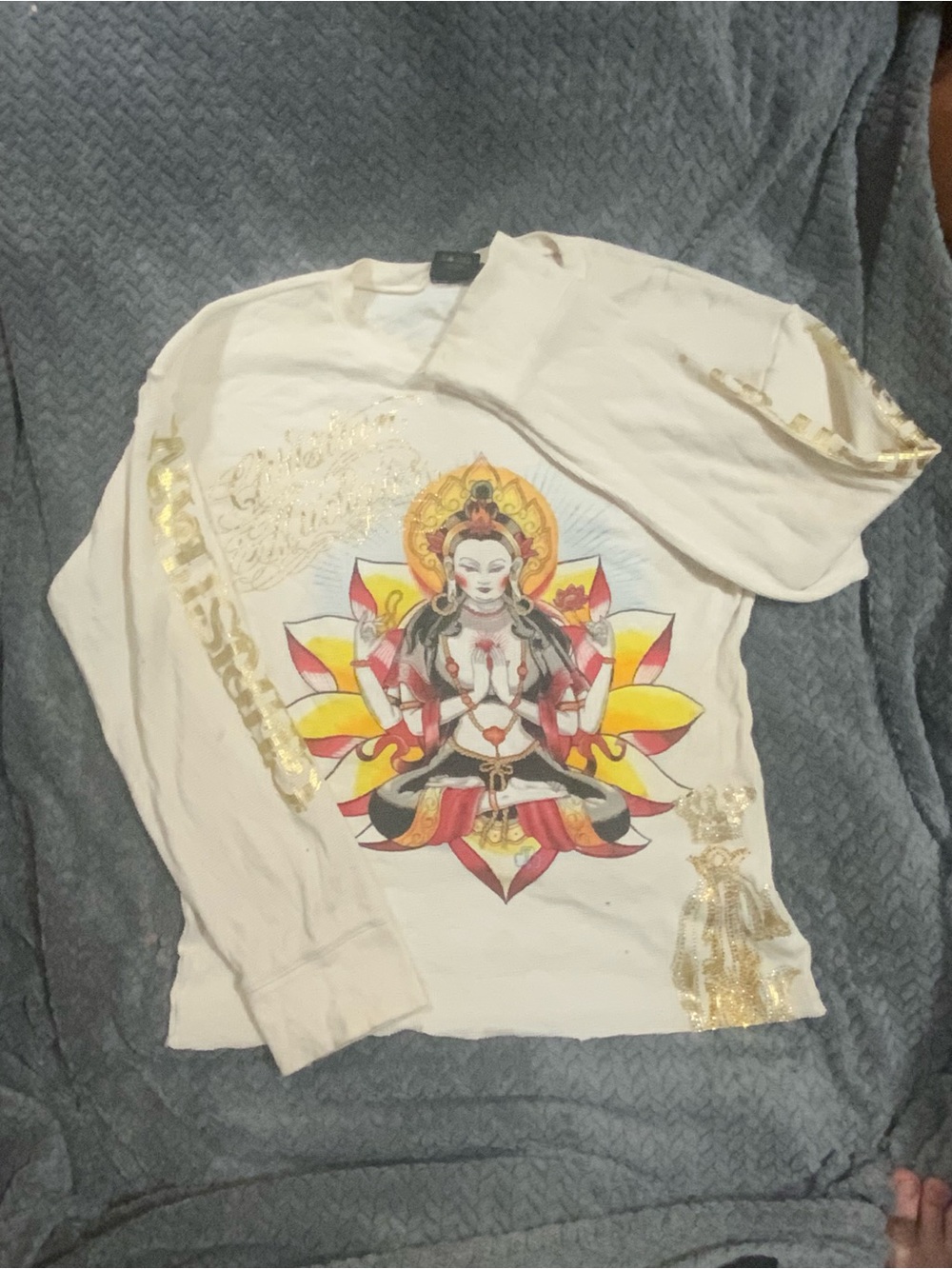 Ed Hardy White Long-Sleeve Graphic Tee with Gold Foil Detail